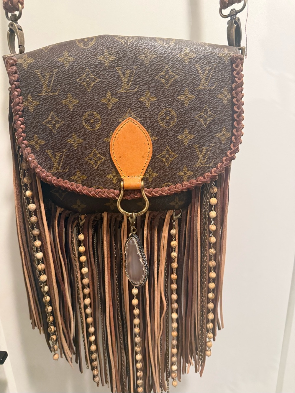 Vintage Boho Re-Vamped Louis Vuitton Brown Monogram Beaded Fringe Crossbody